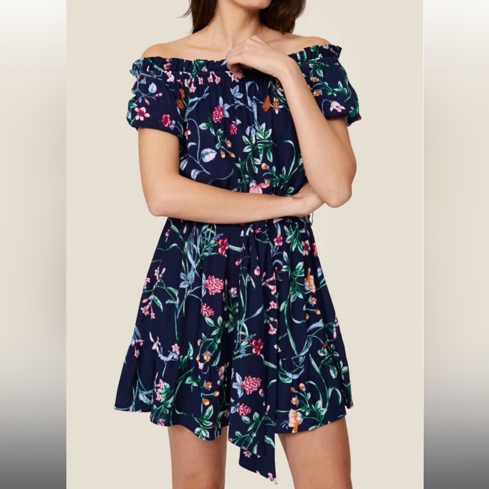 Slate & Willow Floral Print Tie Waist Puff Sleeve Scoop Neck Mini Dress Blue M